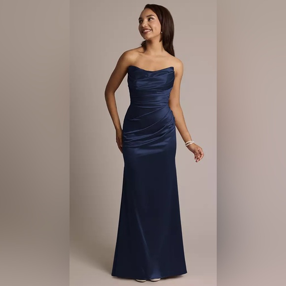 NEVER WORN Elegant Marine Strapless Ruched Dress- David’s Bridal